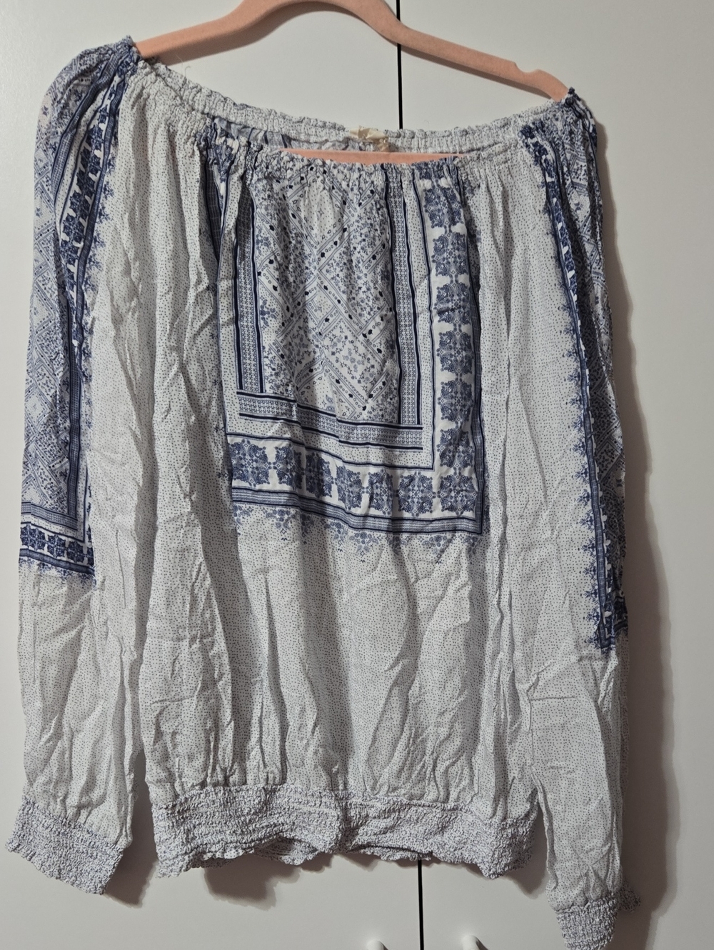Boho Off-Shoulder Peasant Blouse in White and Navy
